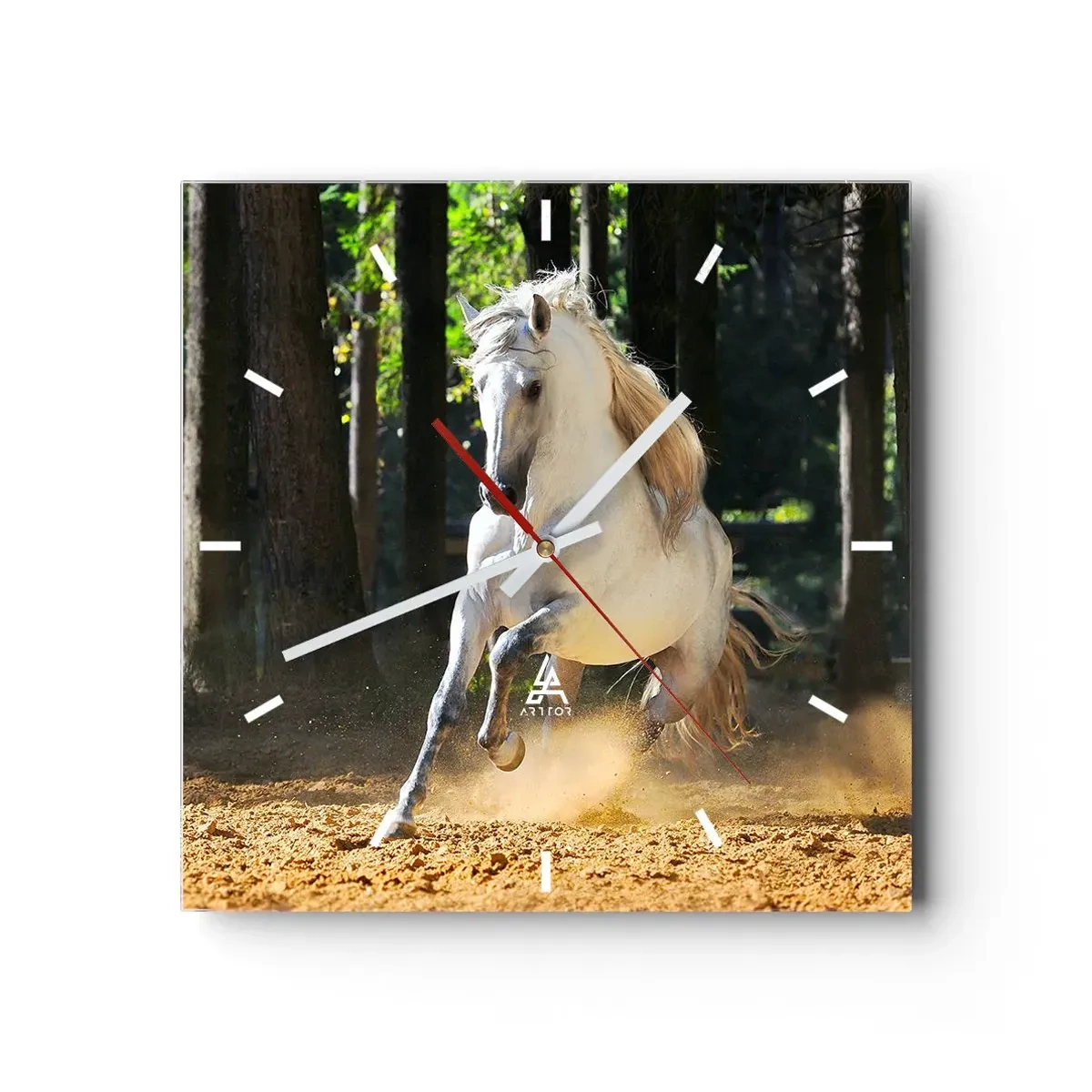 Orologio da parete - Orologio in Vetro - Un cavallo bianco che galoppa attraverso una radura nella foresta - 30x30cm - Come nei racconti fantasy - Decorazione murale moderna per soggiorno e camera da letto ARTTOR