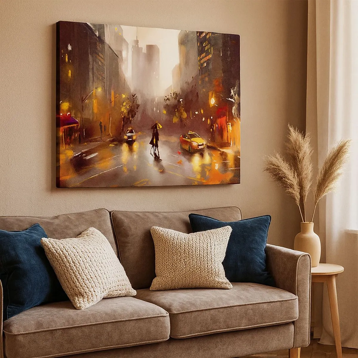 Quadro su tela - Stampe su Tela - Una scena urbana notturna alla luce dei lampioni e dei riflessi su una strada bagnata. - 70x50cm - Nelle luci di New York - Decorazione murale moderna per soggiorno e camera da letto ARTTOR