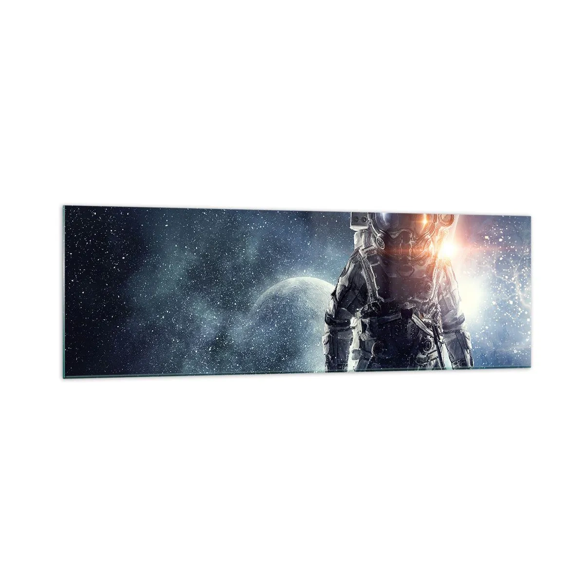Quadro su vetro - Astronauta sullo sfondo dello spazio e del pianeta Terra - 160x50cm - Avventura nello spazio - Decorazione murale moderna per soggiorno e camera da letto ARTTOR