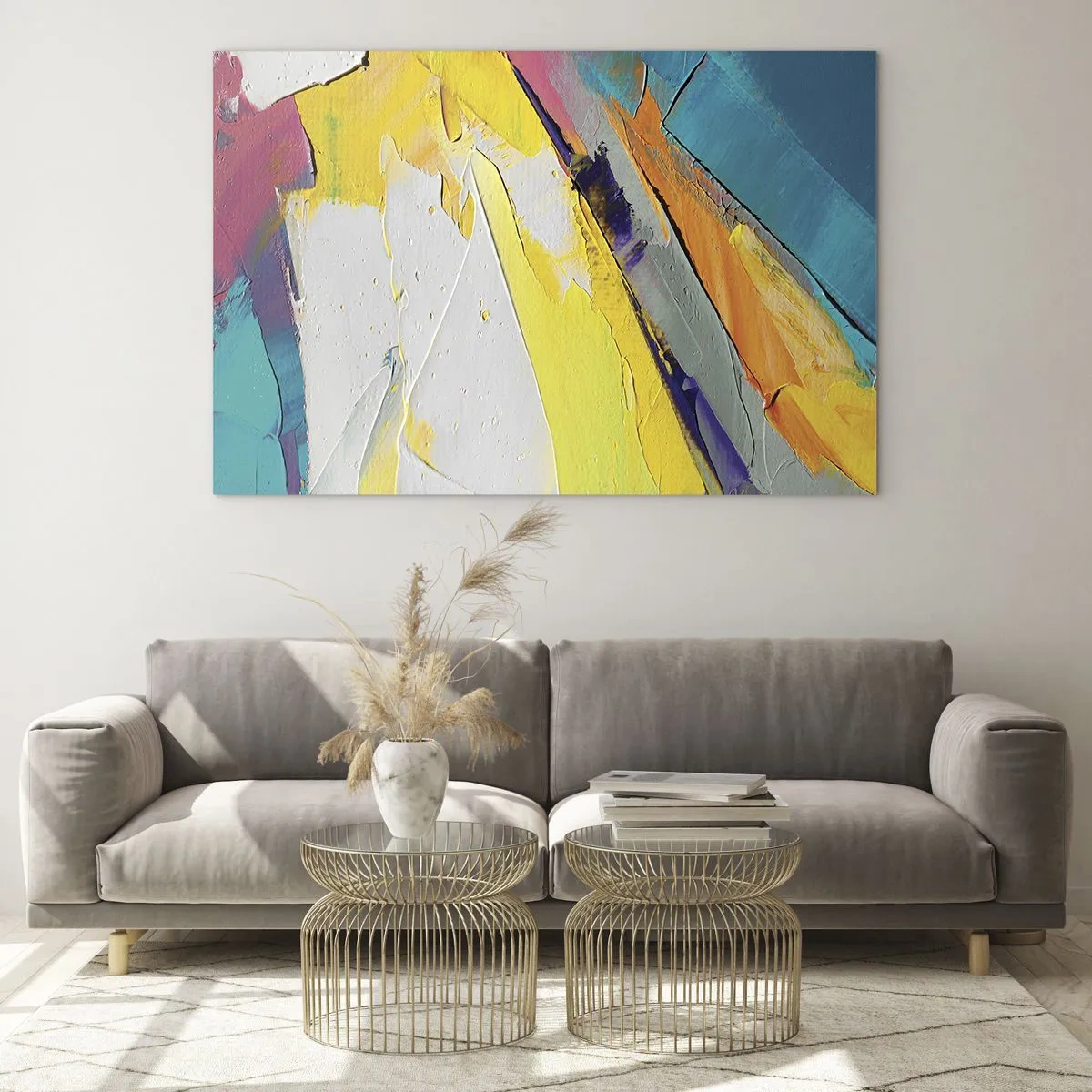 Quadro su vetro - Pennellate astratte in giallo, blu e bianco - 120x80cm - Anatomia della luce - Decorazione murale moderna per soggiorno e camera da letto ARTTOR