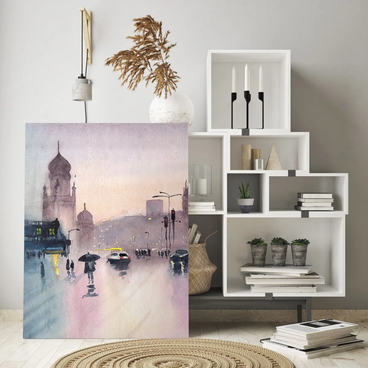 Quadro su vetro - Una strada cittadina al crepuscolo in stile acquerello - 80x120cm - Nella nebbia piovigginosa - Decorazione murale moderna per soggiorno e camera da letto ARTTOR