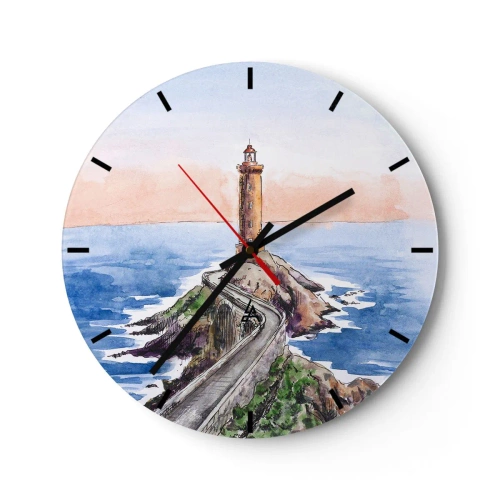 Orologio da parete - Orologio in Vetro - Un faro su un promontorio in stile acquerello - 30x30cm - Rivolto verso il mare - Decorazione murale moderna per soggiorno, cucina e camera da letto ARTTOR