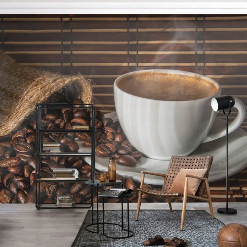 Fotomurali Autoadesivo Deluxe Sticker - Nero del carbone, trasparenza dell'ambra - Gastronomia, Caffè, tazza di caffè - 450x315 cm