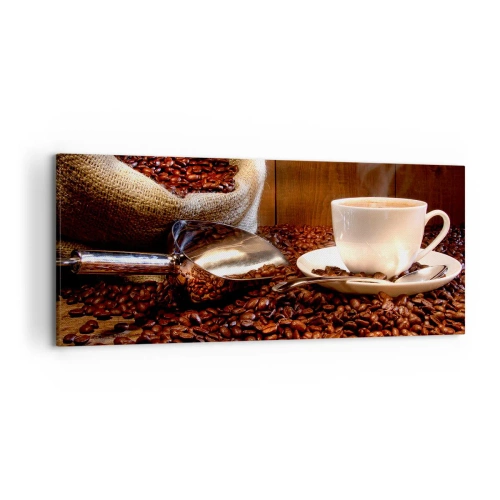 Quadro su tela - Stampe su Tela - Una tazza di caffè con chicchi di caffè e un sacco di cereali sullo sfondo - 120x50cm - Senti questo odore? - Decorazione murale moderna per soggiorno e camera da letto ARTTOR