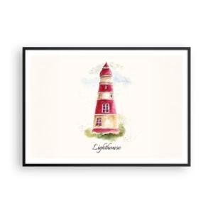 Poster in cornice nera - Dipinto ad acquerello di un faro su sfondo chiaro con un'iscrizione - 100x70cm - Attorno è sempre bel tempo - Decorazione murale moderna per soggiorno e camera da letto ARTTOR