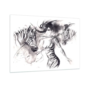 Quadro su vetro - Composizione in bianco e nero con una donna e una zebra in stile artistico - 100x70cm - Ballando con le zebre - Decorazione murale moderna per soggiorno e camera da letto ARTTOR