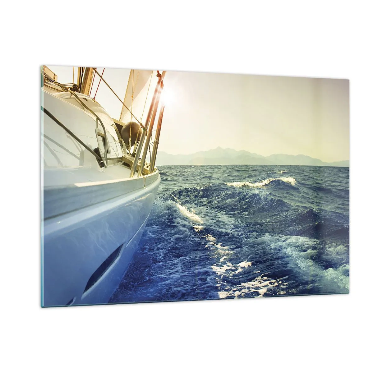 Quadro su vetro - Una barca a vela su un mare calmo alla luce del sole al tramonto - 120x80cm - Verso l'avventura - Decorazione murale moderna per soggiorno e camera da letto ARTTOR