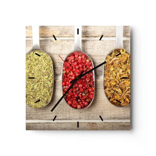 Orologio da parete - Orologio in Vetro - Tre cucchiai di metallo con spezie su uno sfondo di legno - 30x30cm - Magia in cucina - Decorazione murale moderna per soggiorno e camera da letto ARTTOR