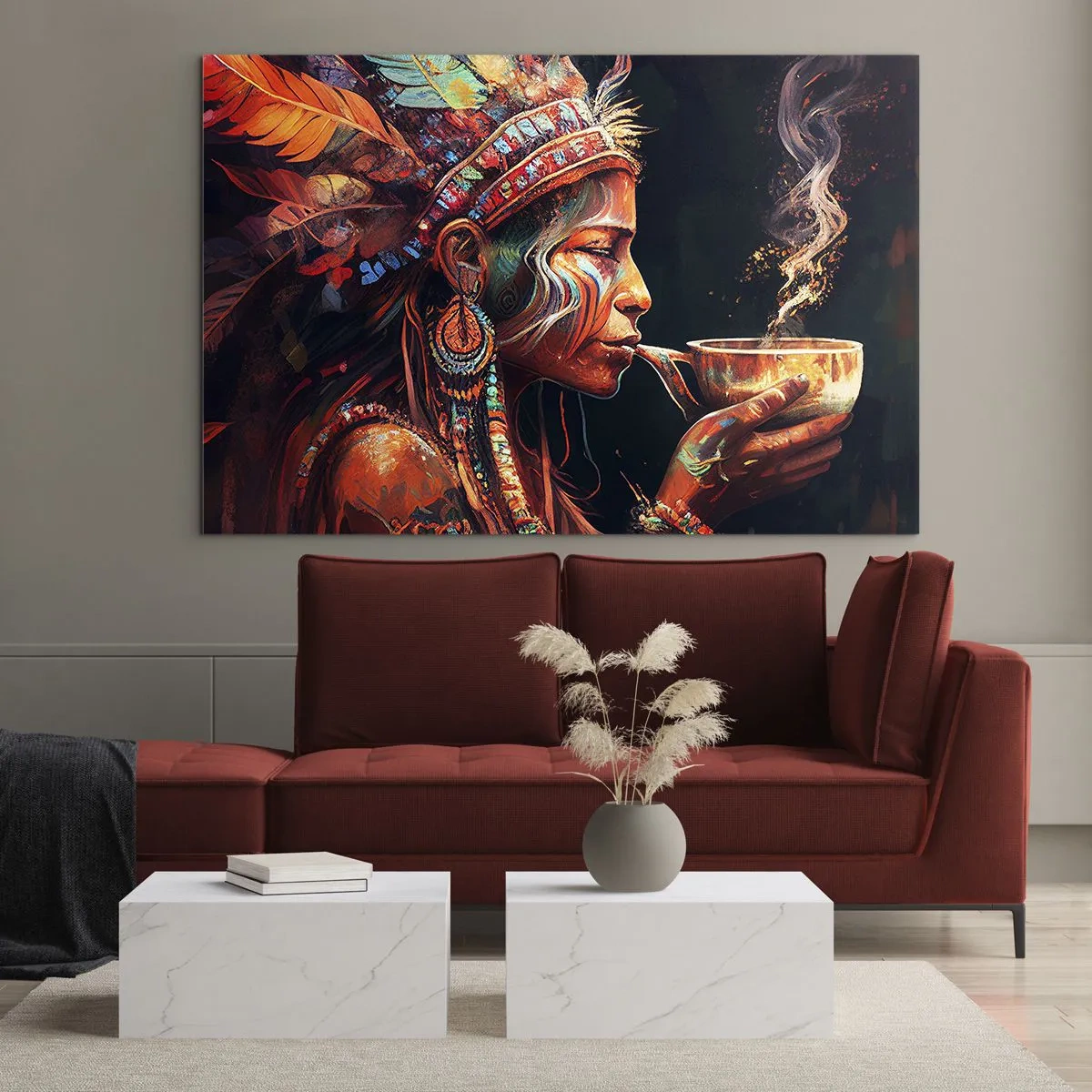 Quadro su vetro - Una figura con un copricapo piumato che beve una pozione in un'atmosfera mistica - 120x80cm - Rituale magico - Decorazione murale moderna per soggiorno e camera da letto ARTTOR