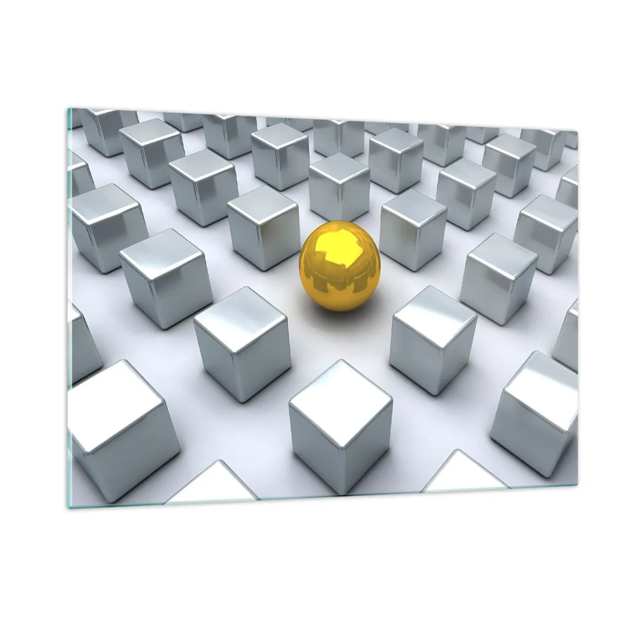 Quadro su vetro - Una sfera dorata circondata da cubi d'argento - 120x80cm - Perché io? Composizione geometrica - Decorazione murale moderna per soggiorno e camera da letto ARTTOR