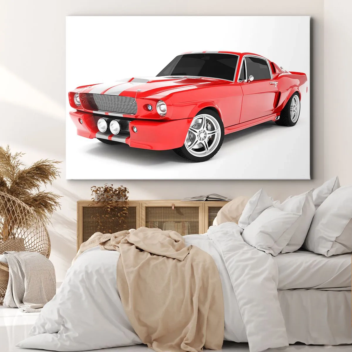 Quadro su tela - Stampe su Tela - Auto sportiva rossa con strisce bianche - 120x80cm - Mustang veloce come il vento - Decorazione murale moderna per soggiorno e camera da letto ARTTOR