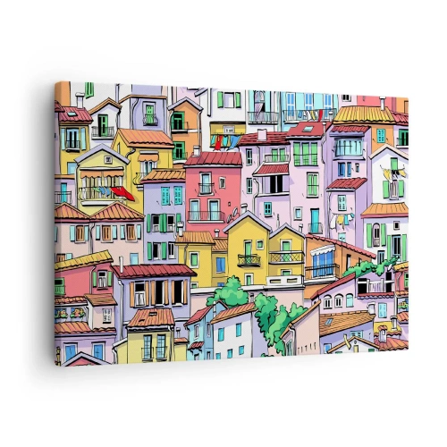 Quadro su tela - Stampe su Tela - Case popolari colorate in uno stile vivace e allegro - 70x50cm - Città allegra - Decorazione murale moderna per soggiorno e camera da letto ARTTOR