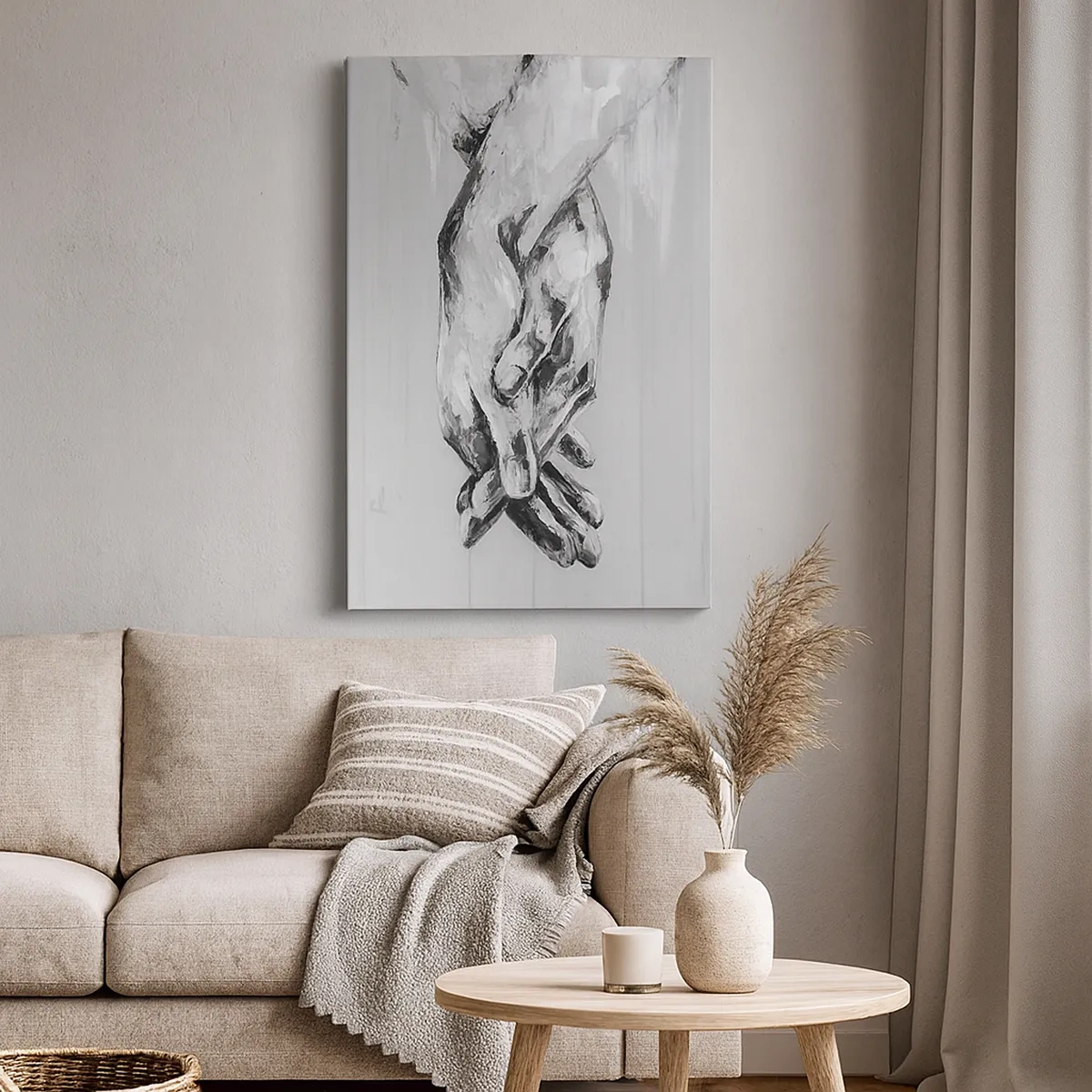 Quadro su tela - Stampe su Tela - Composizione in bianco e nero di due mani giunte su uno sfondo chiaro. - 50x70cm - Inizio... - Decorazione murale moderna per soggiorno e camera da letto ARTTOR