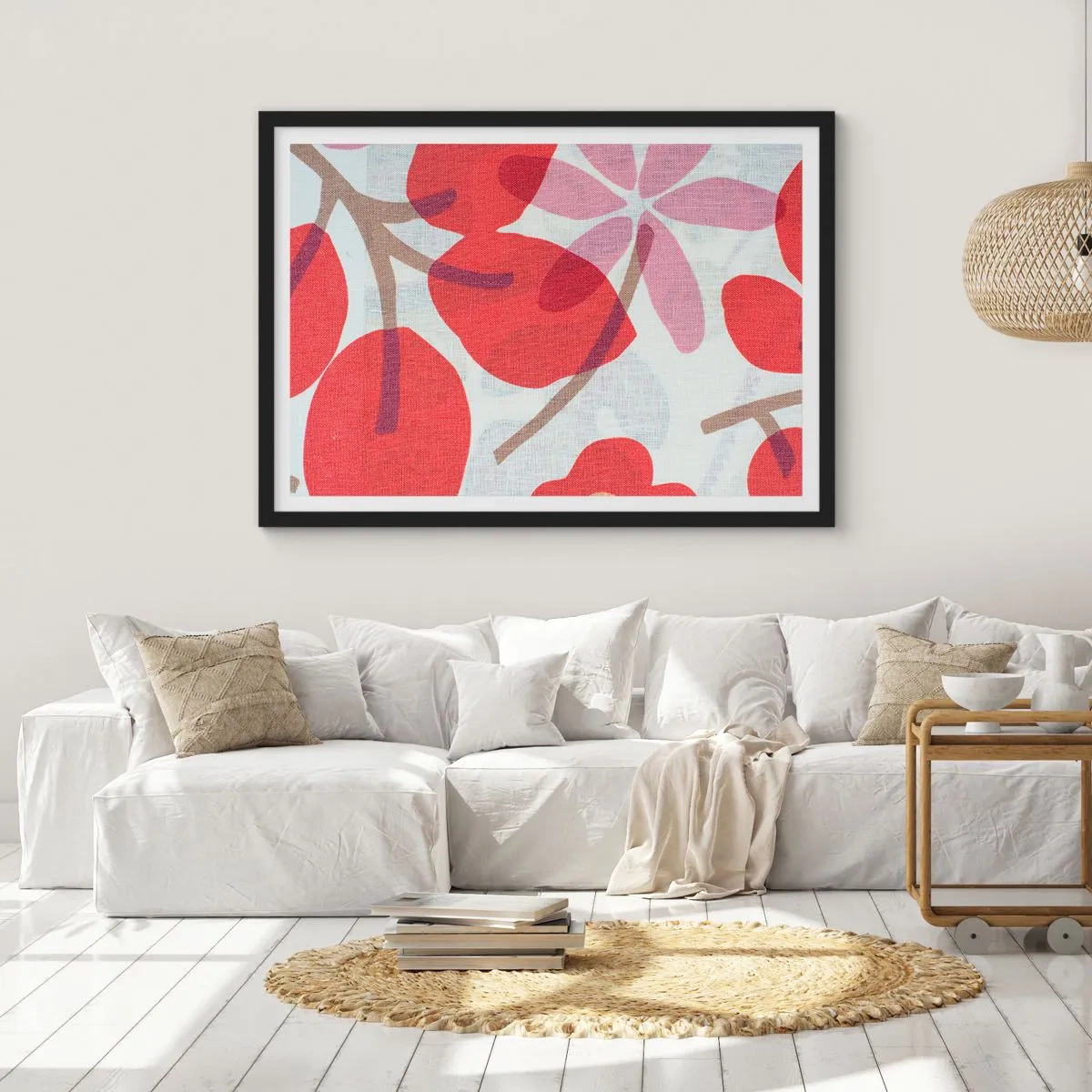 Poster in cornice nera - Fiori e foglie nelle tonalità del rosso e del rosa - 70x50cm - Composizione di fiori in rosa - Decorazione murale moderna per soggiorno e camera da letto ARTTOR