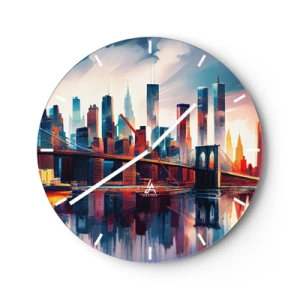 Orologio da parete - Orologio in Vetro - Skyline di New York City con ponte e riflesso nell'acqua al tramonto - 30x30cm - Una New York spettacolare - Decorazione murale moderna per soggiorno, cucina e camera da letto ARTTOR