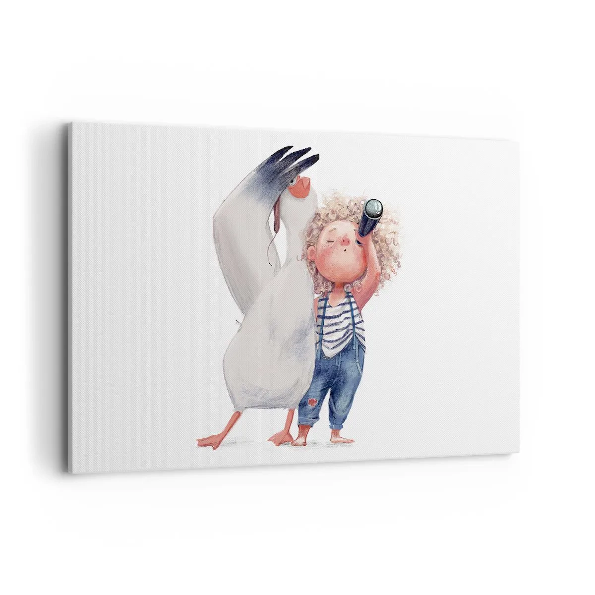 Quadro su tela - Stampe su Tela - Illustrazione di un bambino con un pellicano e un telescopio in mano - 120x80cm - Il progetto di un grande viaggio - Decorazione murale moderna per soggiorno e camera da letto ARTTOR