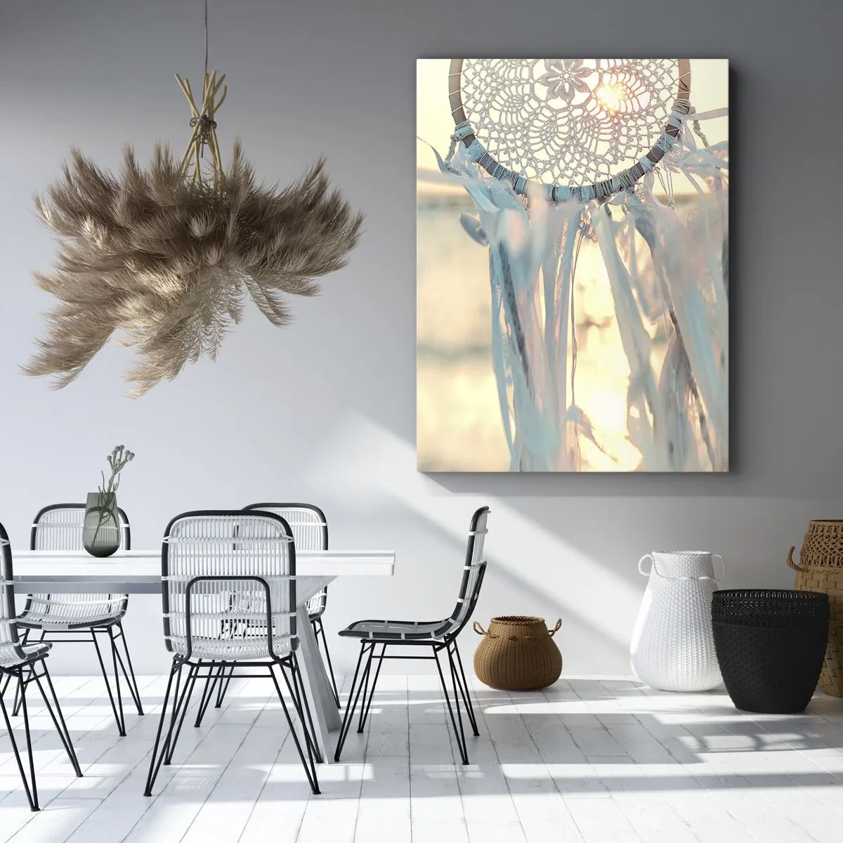 Quadro su tela - Stampe su Tela - Un delicato acchiappasogni sullo sfondo del sole al tramonto - 50x70cm - Totem di pizzo - Decorazione murale moderna per soggiorno e camera da letto ARTTOR