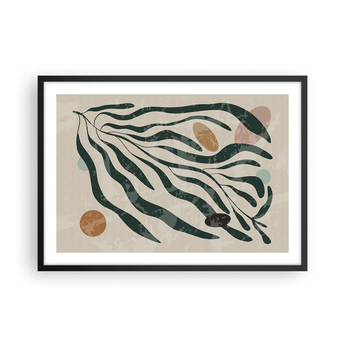 Poster in cornice nera - Linee e forme organiche in verde e beige - 70x50cm - Tra il verde - Decorazione murale moderna per soggiorno e camera da letto ARTTOR