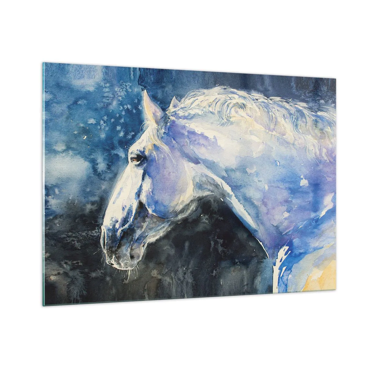 Quadro su vetro - Ritratto ad acquerello di un cavallo nei toni del blu - 100x70cm - Ritratto in luce blu - Decorazione murale moderna per soggiorno e camera da letto ARTTOR
