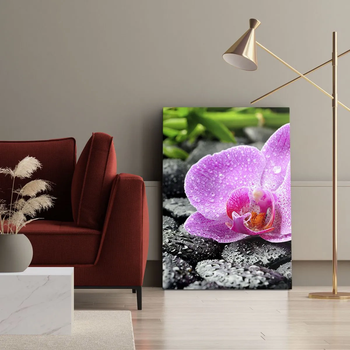 Quadro su tela - Stampe su Tela - Orchidea rosa su pietre nere bagnate con foglie verdi - 70x100cm - Come un cuore aperto - Decorazione murale moderna per soggiorno e camera da letto ARTTOR