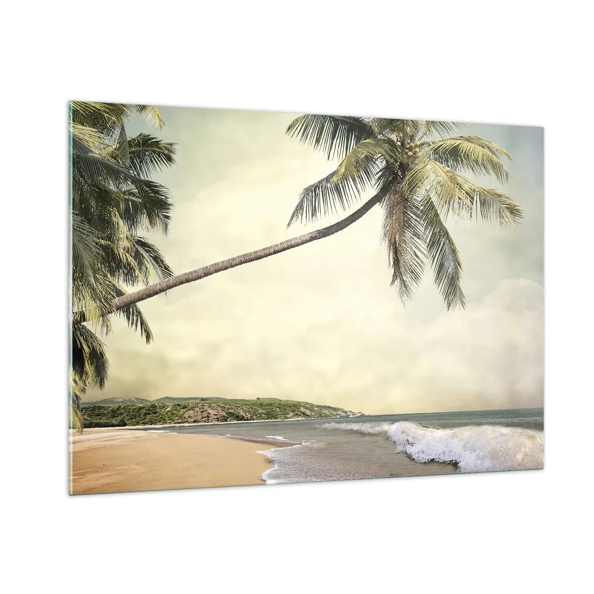 Quadro su vetro - Spiaggia tropicale con palme e onde - 100x70cm - Sogno tropicale - Decorazione murale moderna per soggiorno e camera da letto ARTTOR
