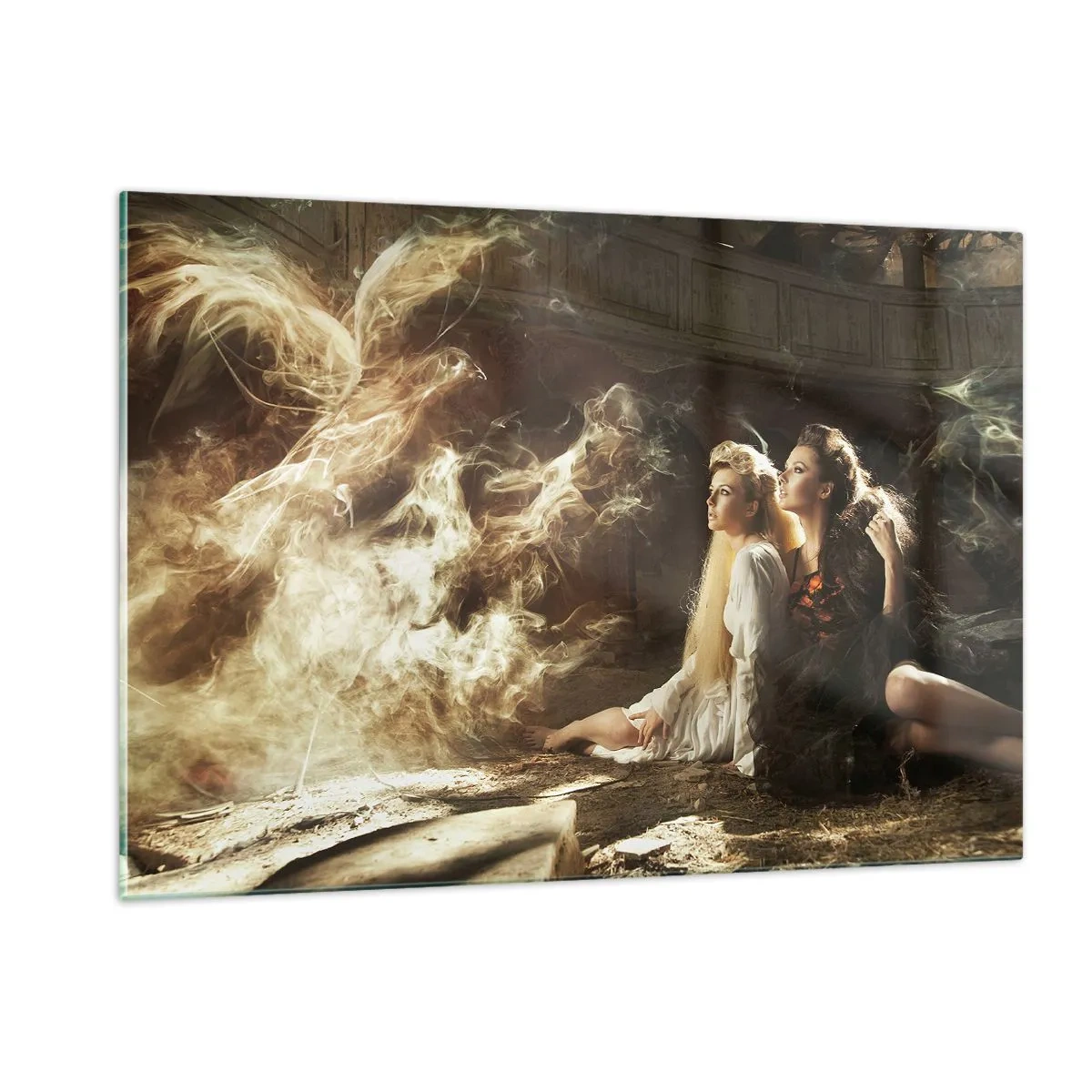 Quadro su vetro - Due donne con una fenice ardente in un ambiente magico - 120x80cm - Ed è diventata poesia - Decorazione murale moderna per soggiorno e camera da letto ARTTOR