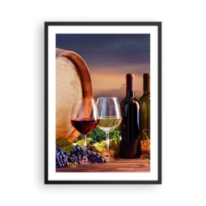 Poster in cornice nera - Bottiglie e bicchieri di vino sullo sfondo di una botte e del tramonto - 50x70cm - Qui la vita ha gusto - Decorazione murale moderna per soggiorno e camera da letto ARTTOR