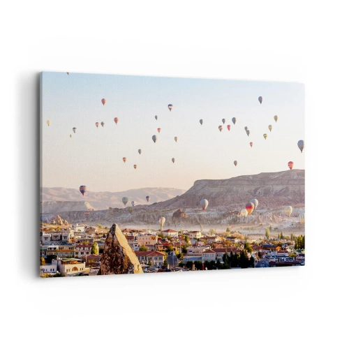 Quadro su tela - Stampe su Tela - Cappadocia con mongolfiere sullo sfondo di pittoresche colline - 120x80cm - Come navi nel cielo - Decorazione murale moderna per soggiorno e camera da letto ARTTOR