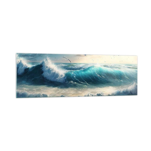 Quadro su vetro - Onde del mare sulla spiaggia sotto un cielo azzurro con gabbiani - 160x50cm - Mormora solo per te - Decorazione murale moderna per soggiorno e camera da letto ARTTOR