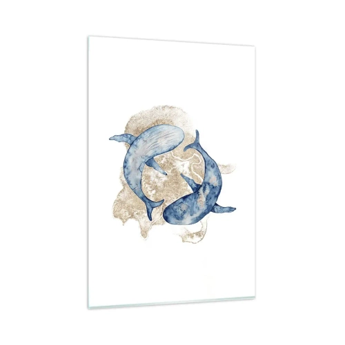 Quadro su vetro - Balene blu astratte su uno sfondo chiaro - 80x120cm - Amicizia o amore? - Decorazione murale moderna per soggiorno e camera da letto ARTTOR