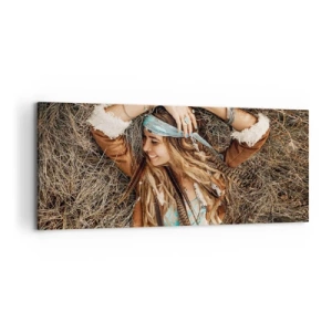 Quadro su tela - Stampe su Tela - Donna in stile boho sdraiata sul fieno - 120x50cm - Verso gli anni dell'amore - Decorazione murale moderna per soggiorno e camera da letto ARTTOR