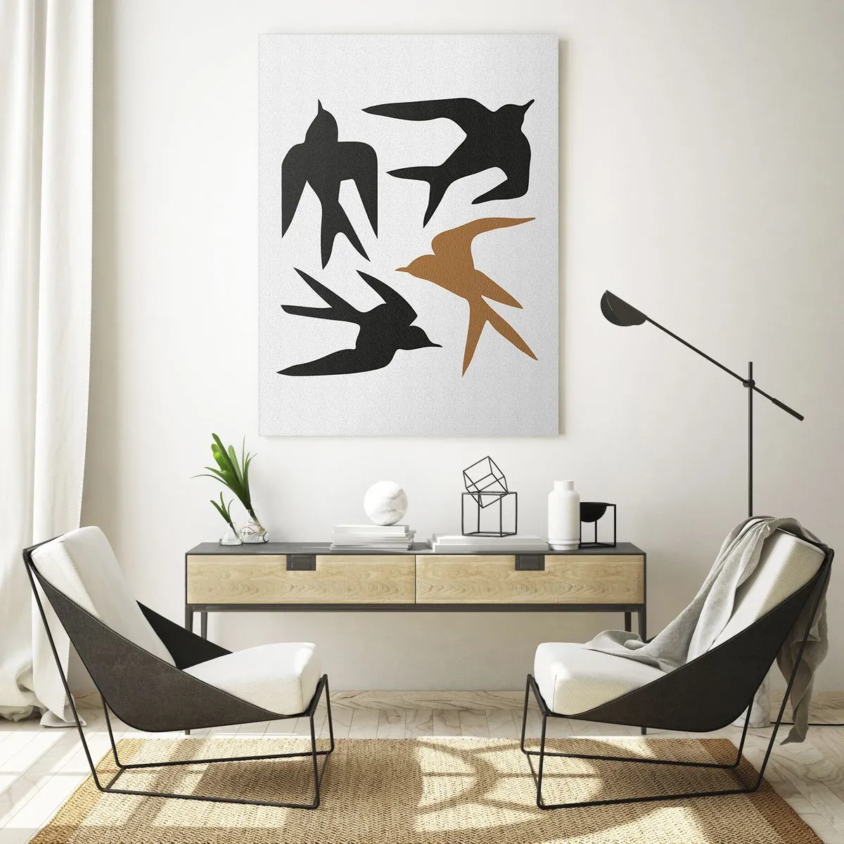 Quadro su vetro - Silhouette di rondini in nero e oro - 80x120cm - Giochi di rondini - Decorazione murale moderna per soggiorno e camera da letto ARTTOR