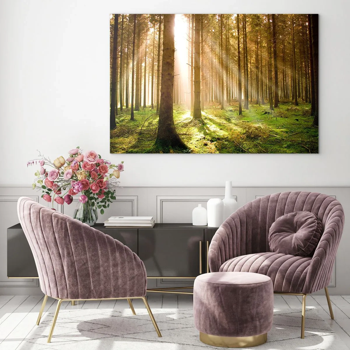 Quadro su vetro - Raggi di sole che penetrano attraverso gli alberi nella foresta - 100x70cm - Adesso appaiono gli elfi - Decorazione murale moderna per soggiorno e camera da letto ARTTOR