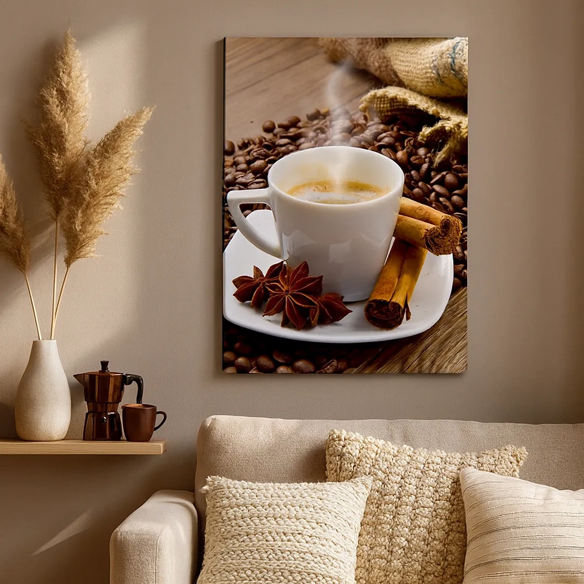 Quadro su tela - Stampe su Tela - Una tazza di caffè con cannella e anice su uno sfondo di chicchi di caffè - 50x70cm - Sapore e profumo speziato - Decorazione murale moderna per soggiorno e camera da letto ARTTOR