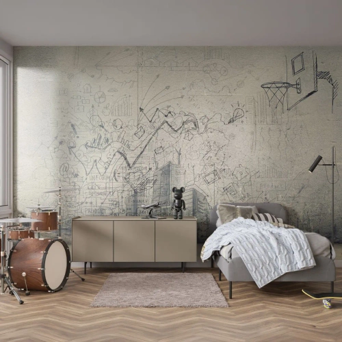 Fotomurali Standard Eco - Un muro ricoperto di disegni che simboleggiano la creatività - 100x70cm - La mia fantastica vita in città - Decorazione murale moderna per soggiorno e camera da letto ARTTOR