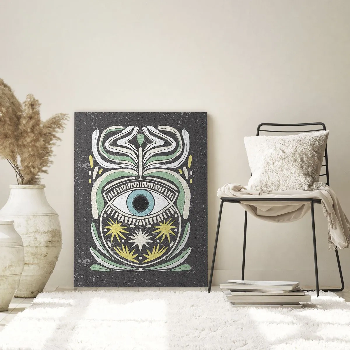 Quadro su vetro - Occhio grafico con ornamenti tribali su sfondo scuro - 50x70cm - Rituali tribali - Decorazione murale moderna per soggiorno e camera da letto ARTTOR