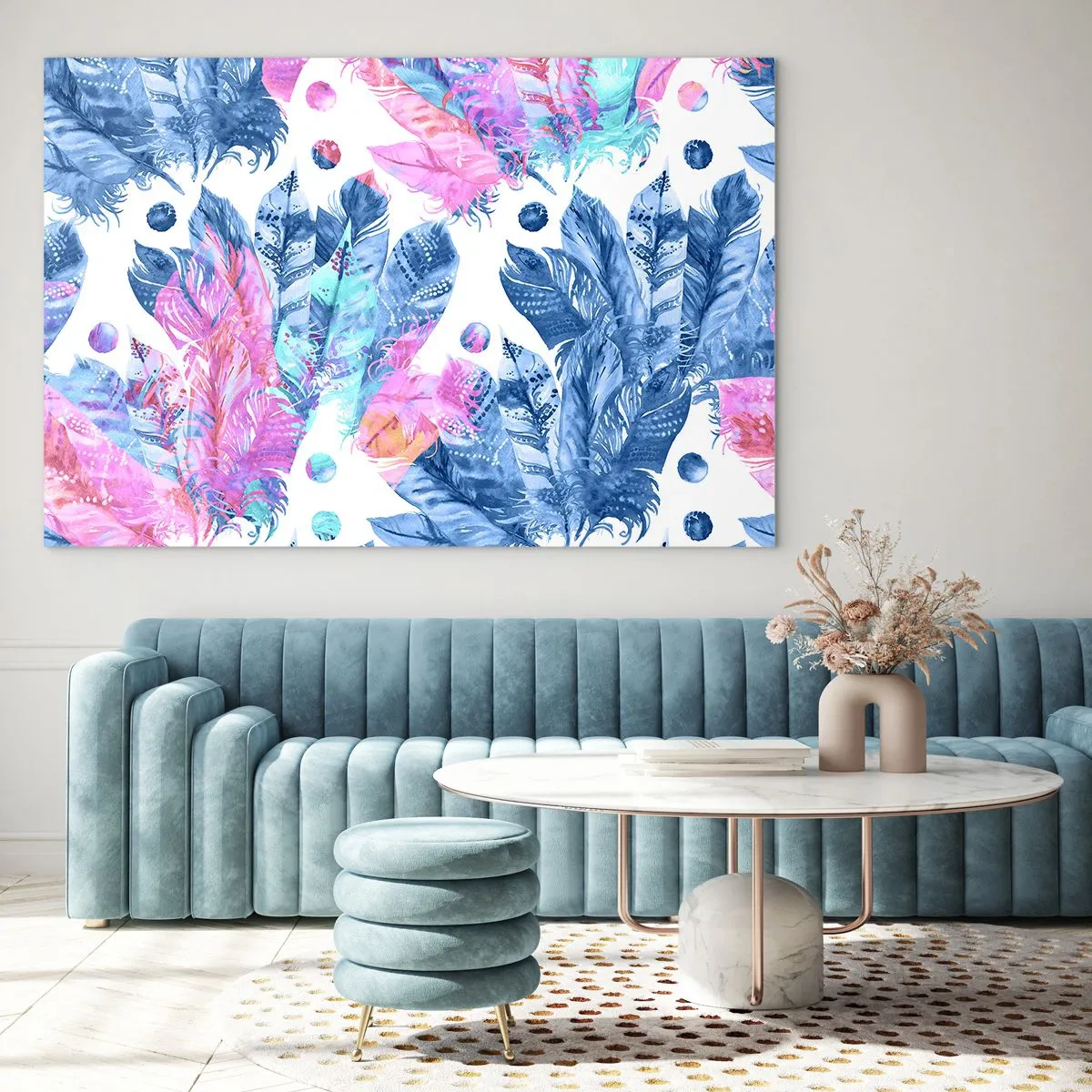 Quadro su vetro - Piume colorate nelle tonalità del rosa e del blu su sfondo bianco - 70x50cm - Pennacchi in rosa e blu - Decorazione murale moderna per soggiorno e camera da letto ARTTOR