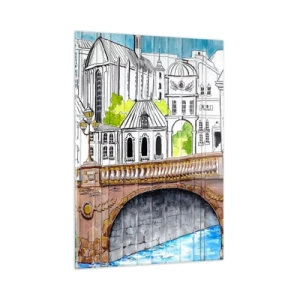 Quadro su vetro - Il ponte e l'architettura urbana sotto forma di schizzo ad acquerello - 50x70cm - Una città come dipinta - Decorazione murale moderna per soggiorno e camera da letto ARTTOR