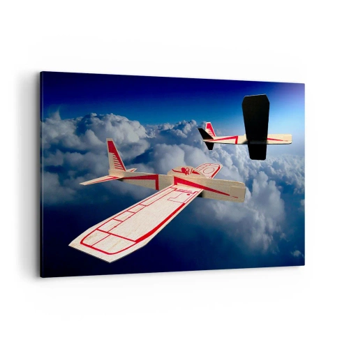 Quadro su tela - Stampe su Tela - Due aeroplani di legno che sorvolano le nuvole contro un cielo azzurro. - 120x80cm - Più in alto, più lontano - Decorazione murale moderna per soggiorno e camera da letto ARTTOR