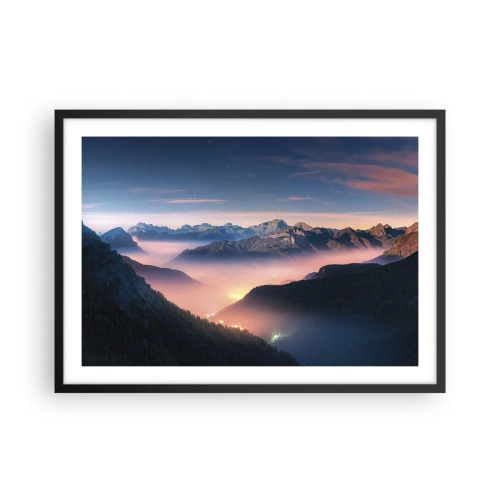 Poster in cornice nera - Un paesaggio montano con una valle piena di nebbia - 70x50cm - La luce nelle valli - Decorazione murale moderna per soggiorno e camera da letto ARTTOR