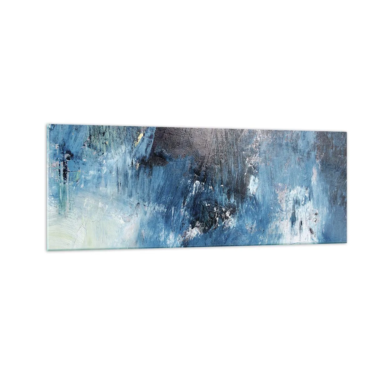 Quadro su vetro - Pennellate astratte in tonalità di blu - 140x50cm - Rapsodia blu - Decorazione murale moderna per soggiorno e camera da letto ARTTOR