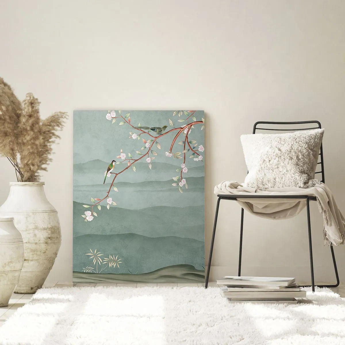 Quadro su vetro - Un ramo con fiori e uccelli sullo sfondo di verdi colline - 50x70cm - Eccoti primavera - Decorazione murale moderna per soggiorno e camera da letto ARTTOR