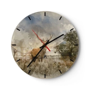 Orologio da parete - Orologio in Vetro - Un cervo sullo sfondo di una pittoresca radura e di alberi - 30x30cm - Dignità - forza - maestosità - Decorazione murale moderna per soggiorno, cucina e camera da letto ARTTOR