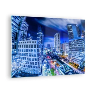 Quadro su vetro - Panorama di una città moderna di notte con luci brillanti - 70x50cm - Il ritmo notturno della città - Decorazione murale moderna per soggiorno e camera da letto ARTTOR