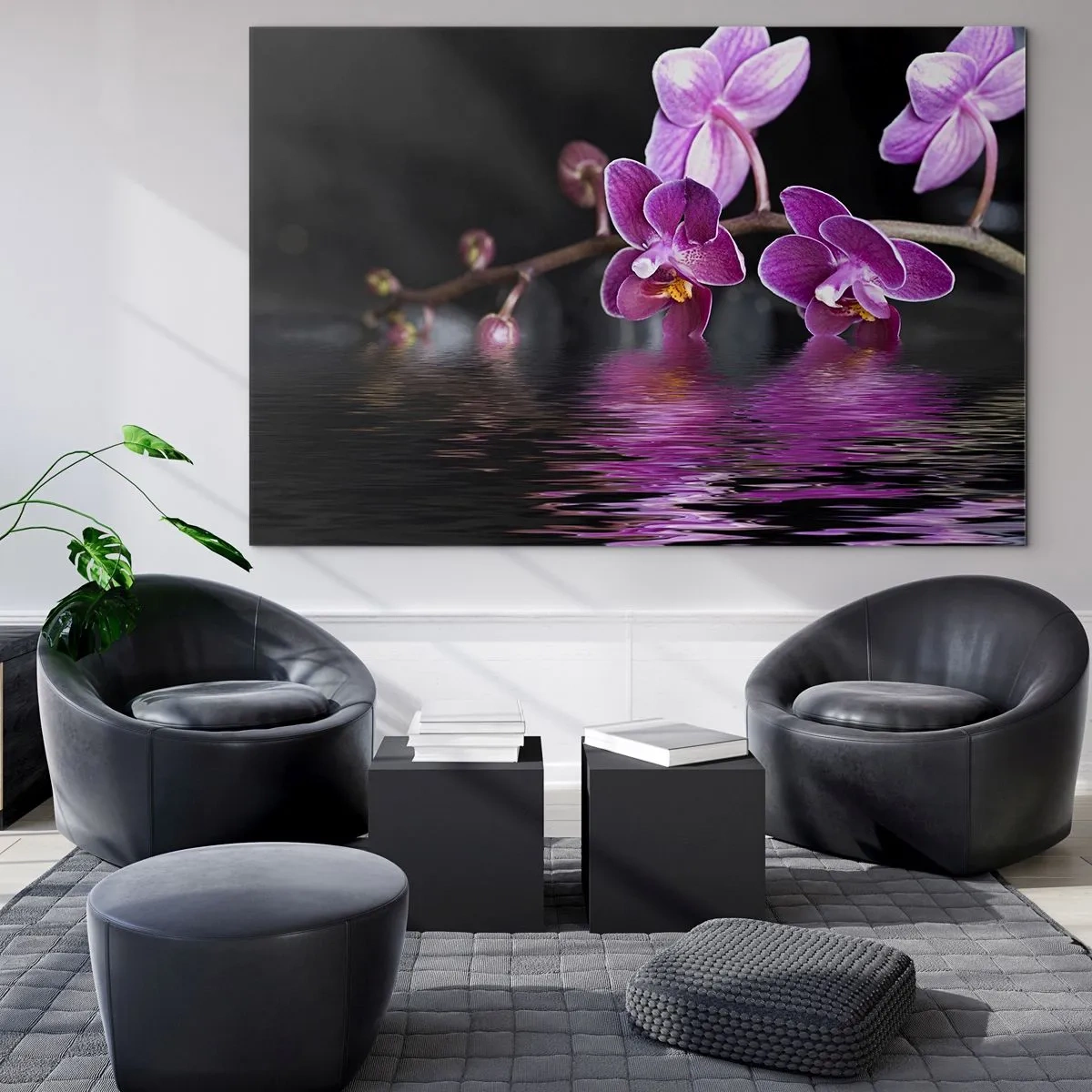 Quadro su vetro - Orchidee viola riflesse nell'acqua - 70x50cm - La bellezza riflessa dai gigli - Decorazione murale moderna per soggiorno e camera da letto ARTTOR