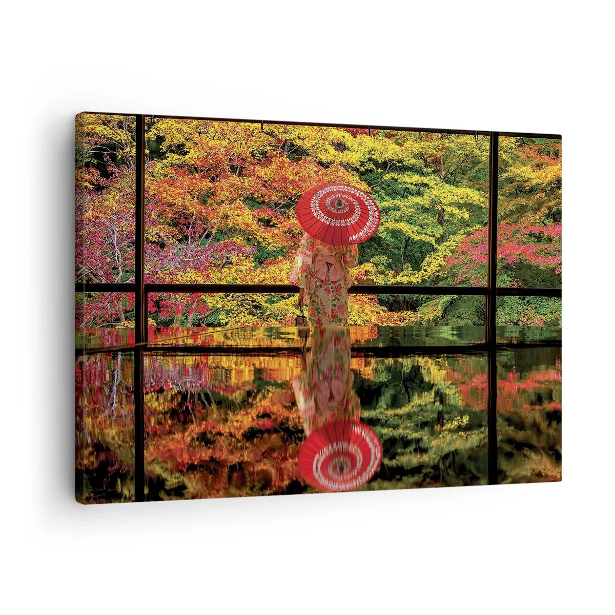 Quadro su tela - Stampe su Tela - Una donna in kimono con un ombrello sullo sfondo di un paesaggio autunnale. - 70x50cm - Nel tempio della natura - Decorazione murale moderna per soggiorno e camera da letto ARTTOR