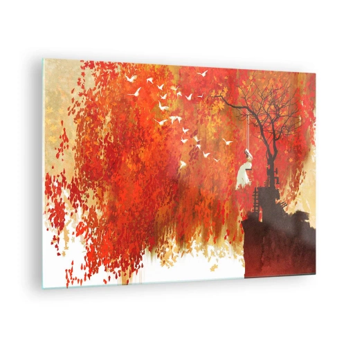 Quadro su vetro - Foglie rosse, un albero solitario e uccelli in una scena autunnale - 70x50cm - Voli con noi? - Decorazione murale moderna per soggiorno e camera da letto ARTTOR