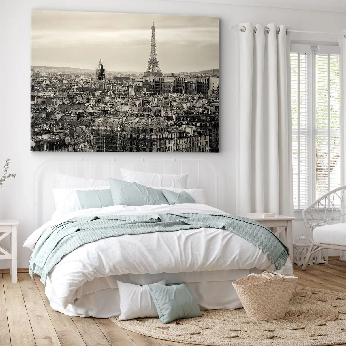 Quadro su tela - Stampe su Tela - Panorama di Parigi con la Torre Eiffel in tonalità seppia - 120x80cm - Sui tetti di Parigi - Decorazione murale moderna per soggiorno e camera da letto ARTTOR