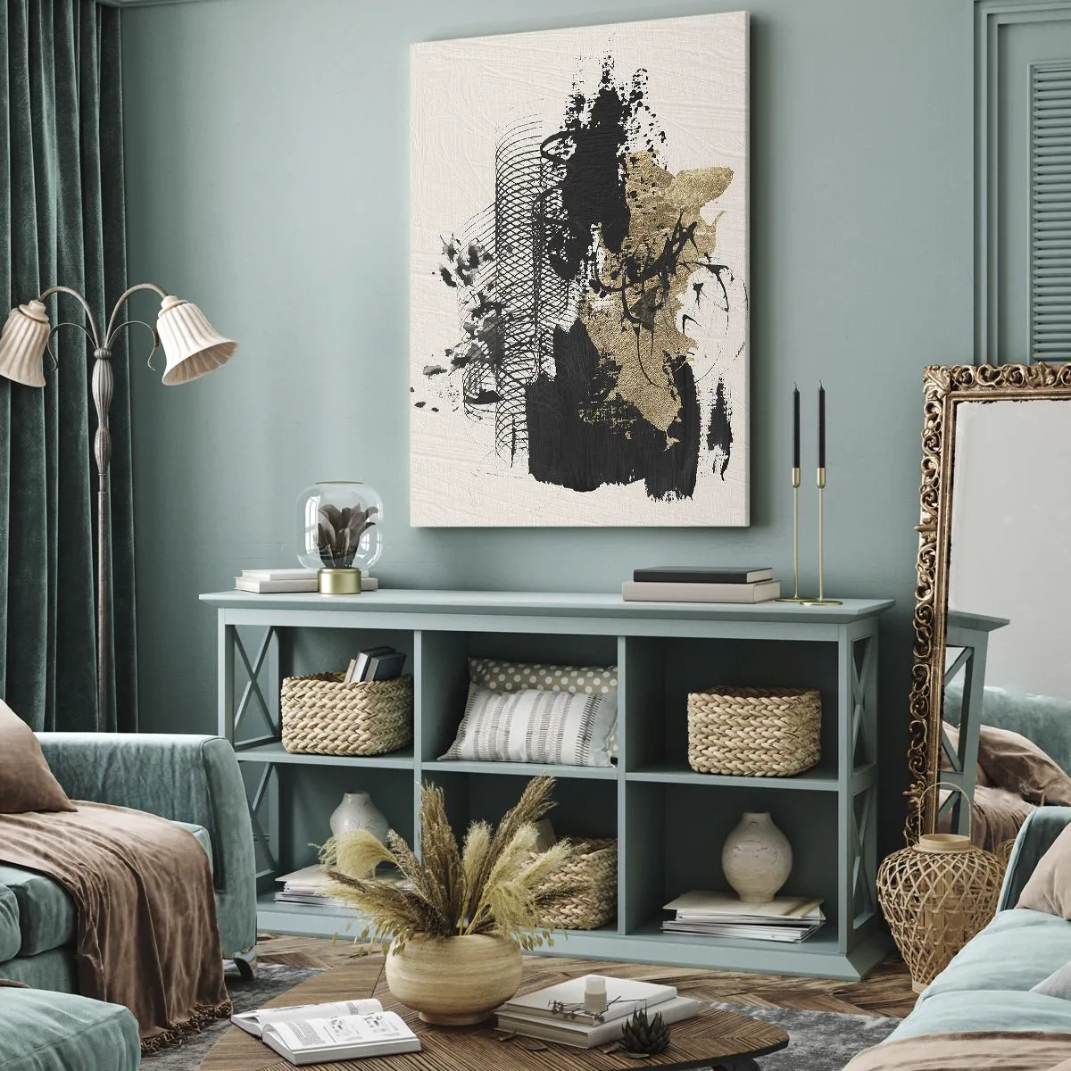 Quadro su tela - Stampe su Tela - Un dipinto astratto in nero e oro con linee e strutture dinamiche. - 70x100cm - Composizione con passione - Decorazione murale moderna per soggiorno e camera da letto ARTTOR