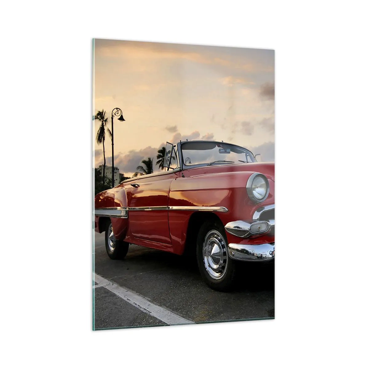 Quadro su vetro - Una decappottabile classica rossa sullo sfondo del tramonto - 50x70cm - Il calore rosso dei tropici - Decorazione murale moderna per soggiorno e camera da letto ARTTOR